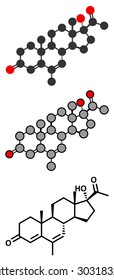 Megestrol molecule. Megestrol acetate, the ester of megestrol is used as an appetite stimulant and cancer drug. Conventional skeletal formula and stylized representations.