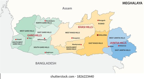 Meghalaya administrative and political vector map, India