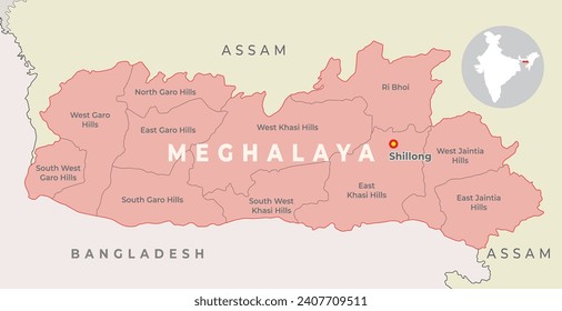 Meghalaya district locator map with neighbour state and country