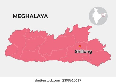 Meghalaya locator map showing District and its capital 