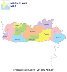 Meghalaya map State with names of all District regions
vector illustration with colour. Meghalaya India map in 2024.