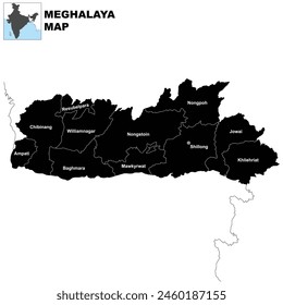 Meghalaya map State with names of all District regions Silhouette vector illustration with colour. Meghalaya India map in 2024.