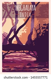 Meghalaya retro poster. Meghalaya travel illustration. States of India greeting card. 