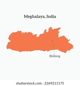 Meghalaya state map with capital Shillong marked on isolated plain background. Meghalaya, India vector, illustration map.