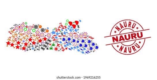 Meghalaya State map collage and grunge Nauru red round stamp. Nauru stamp uses vector lines and arcs. Meghalaya State map collage includes helmets, houses, screwdrivers, suns, people, and more icons.