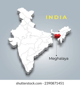 Meghalaya state map location in Indian 3d isometric map. Meghalaya map vector illustration