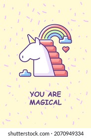 Megical greeting card with color icon element. Unicorn for children. Pony with rainbow. Postcard vector design. Decorative flyer with creative illustration. Notecard with congratulatory message