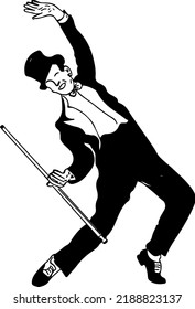 Megician in Dancing pose, Sketch drawing of megic man doing dance and holding stick, Man danciing pose silhouette with hat and stick