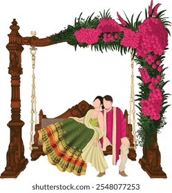 Caricatura de casal Mehendi, caricatura de casal, casal sentado na caricatura, arranjos de flor rosa com folhas verdes no fundo.