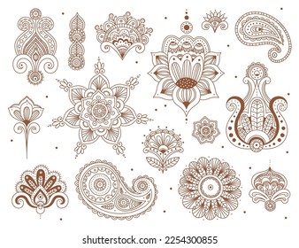 Mehendi flat icons set. Indian body art and temporary skin decoration. Decorative designs for drawing on hands for events. Color isolated illustrations