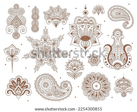 Mehendi flat icons set. Indian body art and temporary skin decoration. Decorative designs for drawing on hands for events. Color isolated illustrations