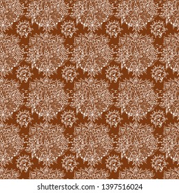 Mehendi henna design outline vector seamless pattern white on brown background