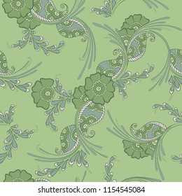 Mehendi indian traditional pattern, floral seamless vector background for saree clothes textile, fabric print. Seamless paisley backdrop with leaves and flowers. Beautiful indian pattern design.