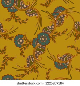Mehendi indian traditional pattern, floral seamless vector background for saree clothes textile, fabric print. Seamless paisley background with leaves and flowers. Decorative indian pattern design.