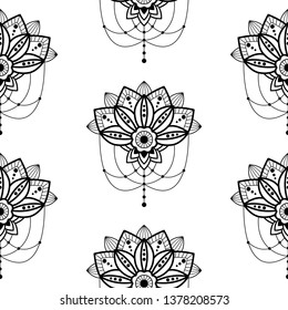 Mehendi mandala design flower with hanging pendent details vector seamless pattern illustration. Black and white fabric print oriental asian style texture.
