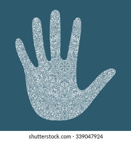 mehendi on the palm of a large and intricate pattern of blue tint