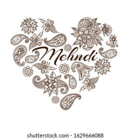 Mehendi oriental floral ornament in indian mehndi style in heart shape, vector illustration. Abstract henna mehndi floral design heart on white background poster.