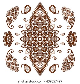 Mehendi ornament collection. Indian henna tattoo set. Oriental style hand-drawn decorative design templates. EPS 10 vector illustration isolated on white.