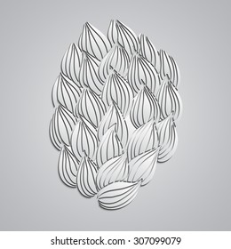 Mehndi 3d imitation design. Paisley, winding stem, spiral, wave, bud mehndi doodle. Gray photorealistic design, tracery handmade. Curved lines, doodling design.