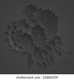 Mehndi 3d imitation design. Paisley, winding stem, spiral, wave, bud mehndi doodle. Gray photorealistic design, tracery handmade. Curved lines, doodling skevomorfizm design.