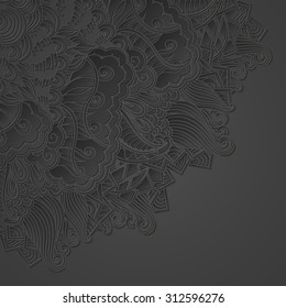 Mehndi 3d imitation design. Paisley, winding stem, spiral, wave, bud mehndi doodle. Dark gray photorealistic design, tracery handmade. Curved lines, doodling skevomorfizm design.