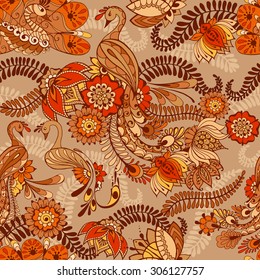 Mehndi background with peacocks in autumn colors. Seamless pattern with traditional indian ornamental design. Pattern for your design wallpapers, web page backgrounds, surface textures.