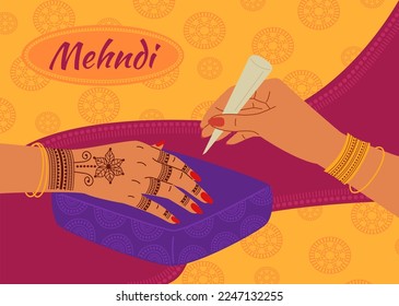 Mehndi ceremony. Floral ornaments henna tattoo design, female hand with traditional patterns vector Illustration. Person drawing bridal ornaments, creative motives on fingers and wrist