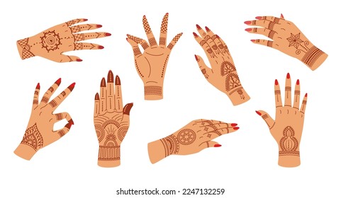 Mehndi ceremony hands. Elegant woman hand with Indian patterns henna tattoo. Hand gestures with floral ornaments vector illustration set. Ornament for bridal tradition, wedding painting