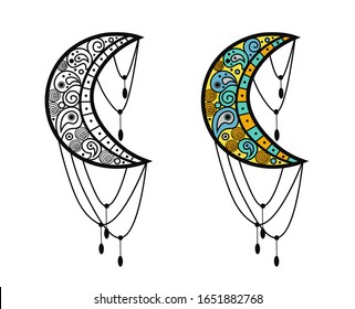 Mehndi colored traditional indian ethnic symbol with moon. Good for henna design, fabric, textile, t-shirt print or poster. Vector illustration