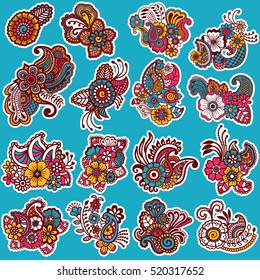 Mehndi design. Big collection of patterns. Vector illustration.
