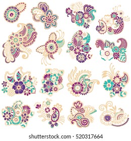 Mehndi design. Big collection of patterns. Vector illustration.