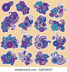 Mehndi design. Big collection of patterns. Vector illustration.