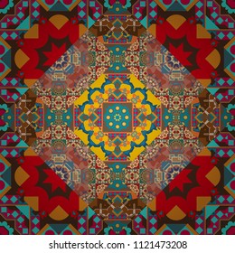 Mehndi design in blue, pink and brown colors. Tracery seamless pattern. Ethnic colorful doodle texture. Curved doodling background.