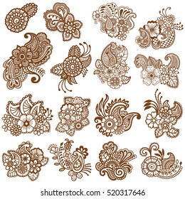 Mehndi design. Collection of patterns. Vector illustration.