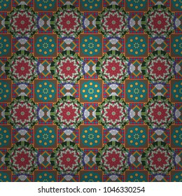 Mehndi design. Ethnic binary doodle texture. Tracery seamless pattern. Curved doodling in brown, green and blue colors. Vector illustration.