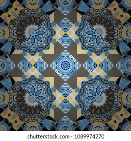 Mehndi design. Ethnic binary doodle texture. Vector illustration. Tracery seamless pattern. Curved doodling in gray, brown and blue colors.