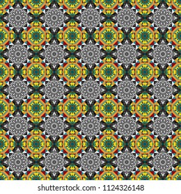 Mehndi design. Ethnic binary doodle texture. Vector illustration. Tracery seamless pattern. Curved doodling in blue, gray and yellow colors.