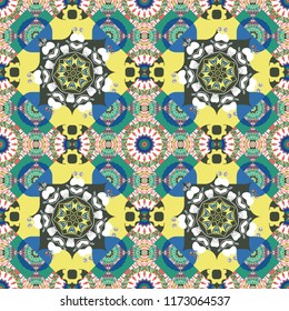 Mehndi design. Ethnic binary doodle texture. Curved doodling in white, green and yellow colors. Vector illustration. Tracery seamless pattern.
