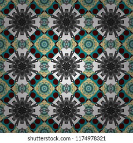 Mehndi design. Ethnic binary doodle texture. Tracery seamless pattern. Curved doodling in gray, blue and white colors. Vector illustration.