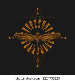 Mehndi design. Hypnotism circles with drawing dragonfly.