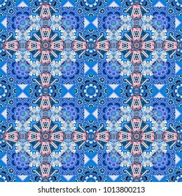 Mehndi design. Tracery seamless pattern. Ethnic binary doodle texture. Vector illustration. Curved doodling in blue, pink and neutral colors.