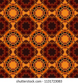 Mehndi design. Tracery seamless pattern. Ethnic colorful doodle texture in black, orange and brown colors. Vector curved doodling background.