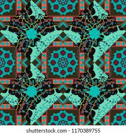 Mehndi design. Tracery seamless pattern. Ethnic colorful doodle texture in green, black and gray colors. Vector curved doodling background.