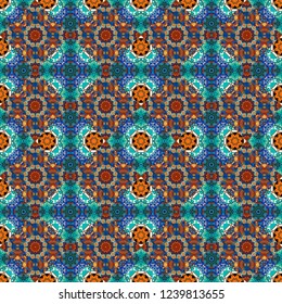 Mehndi design. Tracery seamless pattern. Ethnic colorful doodle texture in brown, blue and orange colors. Vector curved doodling background.