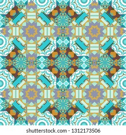 Mehndi design. Tracery seamless pattern. Vector curved doodling background. Ethnic colorful doodle texture in green, orange and blue colors.