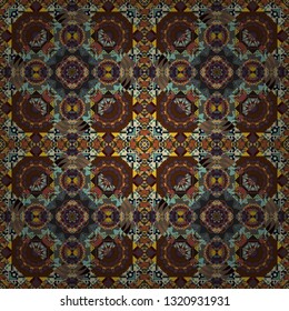 Mehndi design. Tracery seamless pattern. Curved doodling in brown, gray and green colors. Ethnic binary doodle texture. Vector illustration.
