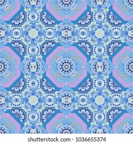 Mehndi design. Vector curved doodling background. Ethnic colorful doodle texture in neutral, brown and blue colors. Tracery seamless pattern.