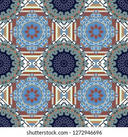 Mehndi design. Vector curved doodling background. Tracery seamless pattern. Ethnic colorful doodle texture in brown, gray and blue colors.