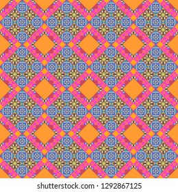 Mehndi design. Vector curved doodling background. Tracery seamless pattern. Ethnic colorful doodle texture in orange, brown and blue colors.