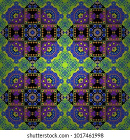 Mehndi design. Vector illustration. Curved doodling in blue, yellow and green colors. Tracery seamless pattern. Ethnic binary doodle texture.
